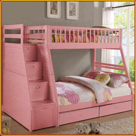 EU192 - Pink : Giường 2 Tầng, 2 Hộc Kéo + Cầu Thang Đảo Chiều, Giá Sách - Trên 1m / Dưới 1m4